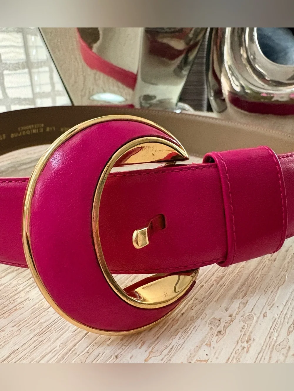 VTG Liz Claiborne Pink Leather Gold Buckle Belt Size M